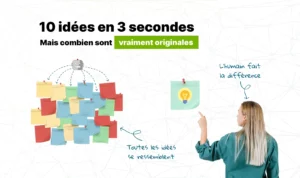 Illustration montrant une personne désignant un post-it lumineux étiqueté « L'humain fait la différence », face à un mur de post-its multicolores générés par un robot IA accompagnés de la mention « Toutes les idées se ressemblent ».