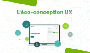 Illustration montrant un écran d'ordinateur entouré de logos faisant référence à l'éco-conception UX.