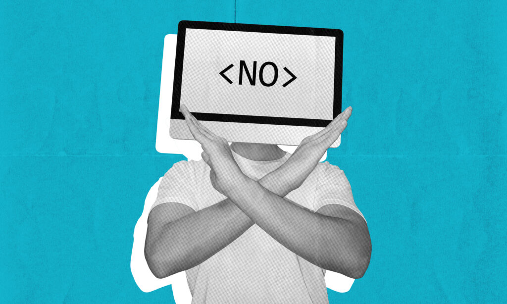 Illustration d'un personnage avec un écran d'ordinateur à la place de la tête affichant une balise NO et faisant un signe de refus avec les bras, symbolisant les erreurs en UX design.
